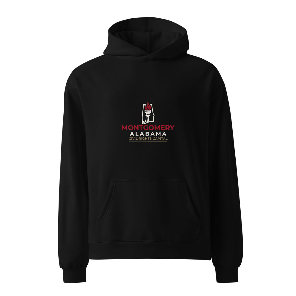 Montgomery Civil Rights Capital black hoodie front in white studio | Kreativ
