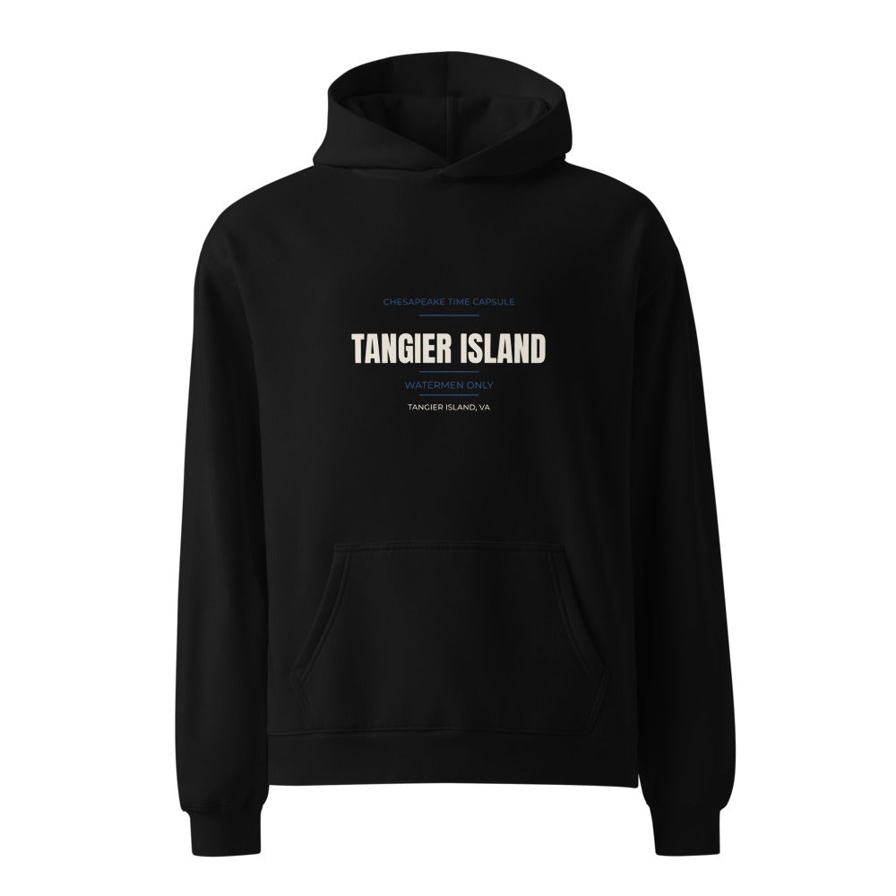 Black hoodie with Chesapeake Time Capsule — Watermen Only Tangier Island print