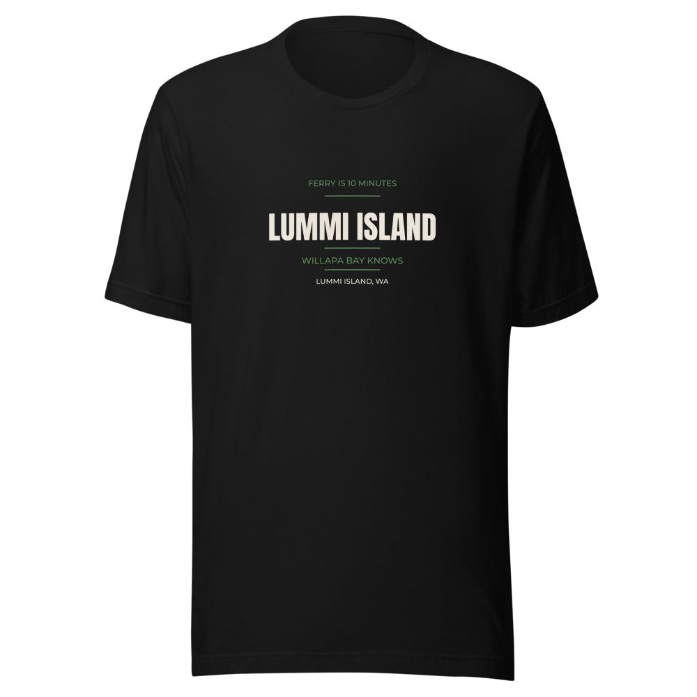 Black tee front with Ferry Is 10 Minutes — Willapa Bay Knows print