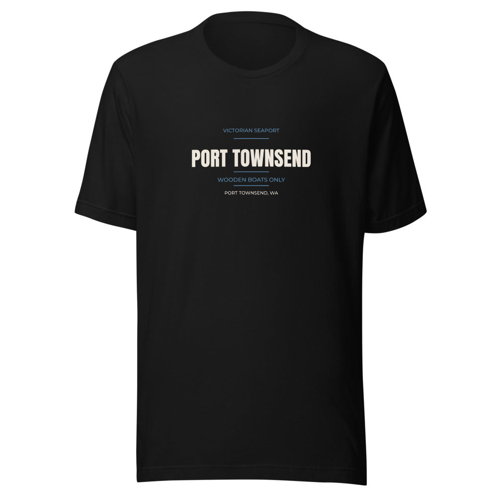 Black tee front with Victorian Seaport — Wooden Boats Only print
