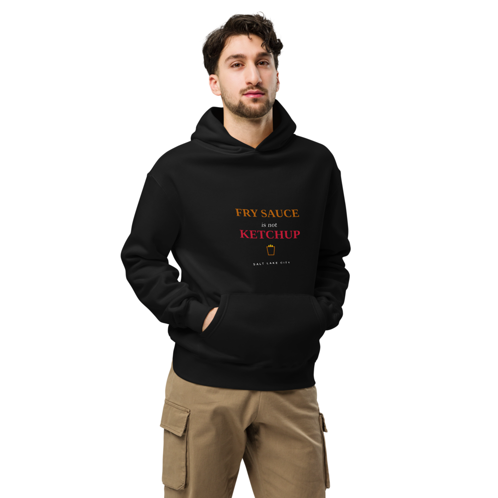 Person wearing Salt Lake fry sauce hoodie, quiet front, print readable | Kreativ