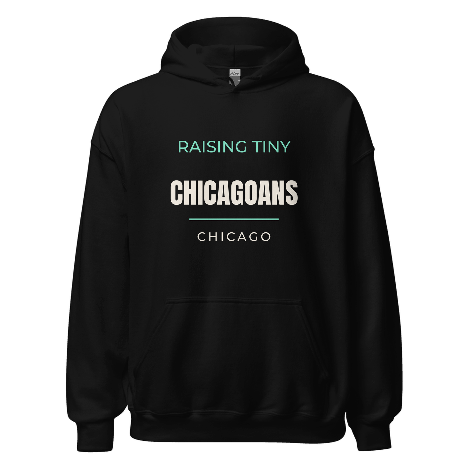 Black hoodie with Chicago, Illinois design: Raising Tiny Chicagoans
