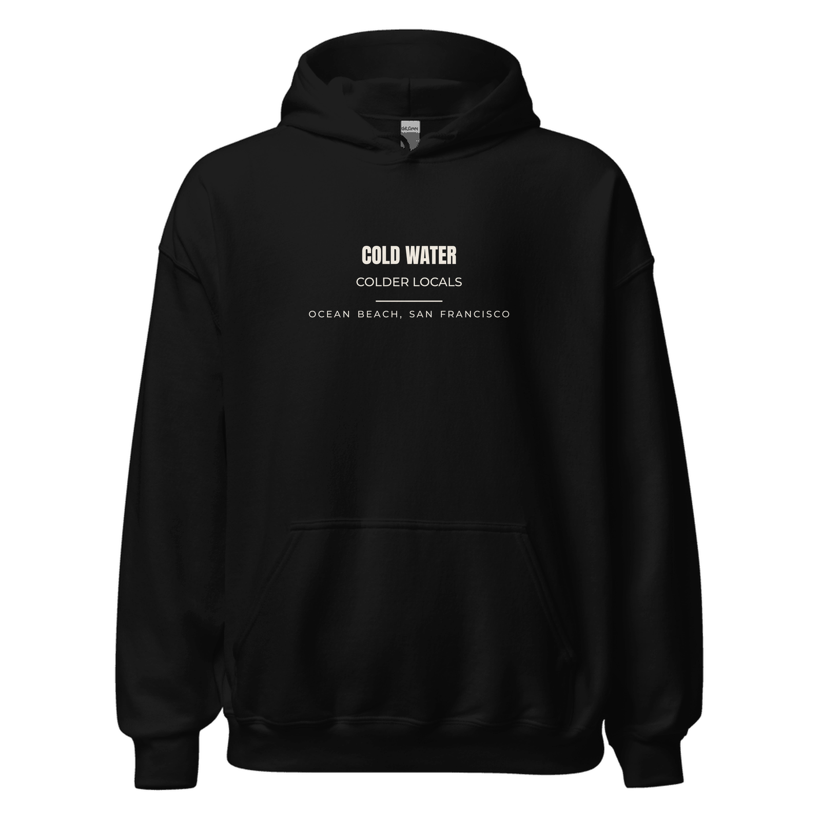 Black hoodie with Ocean Beach, San Francisco, California design: Cold Water Colder Locals