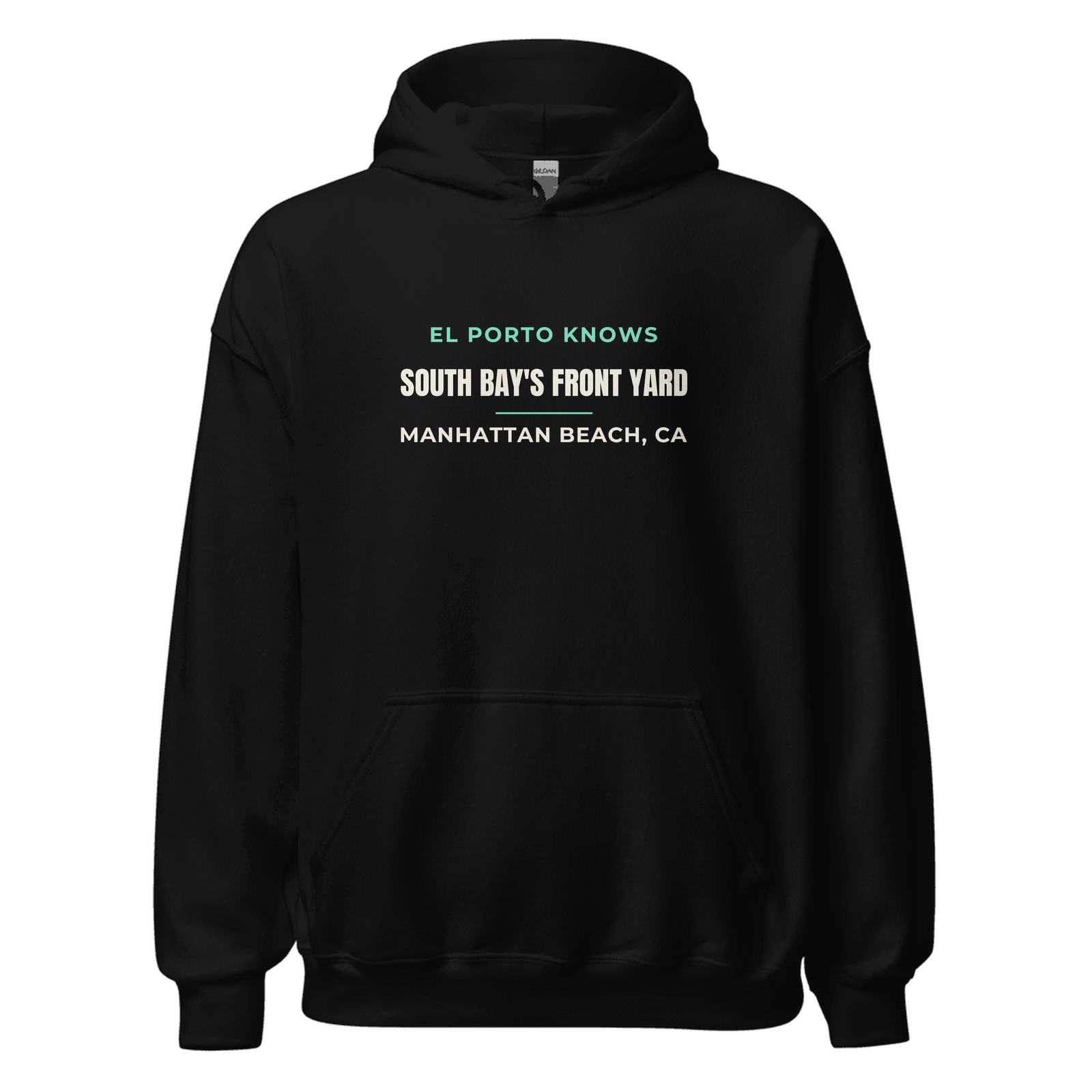 Black hoodie with Manhattan Beach, California design: South Bay's Front Yard — El Porto Knows