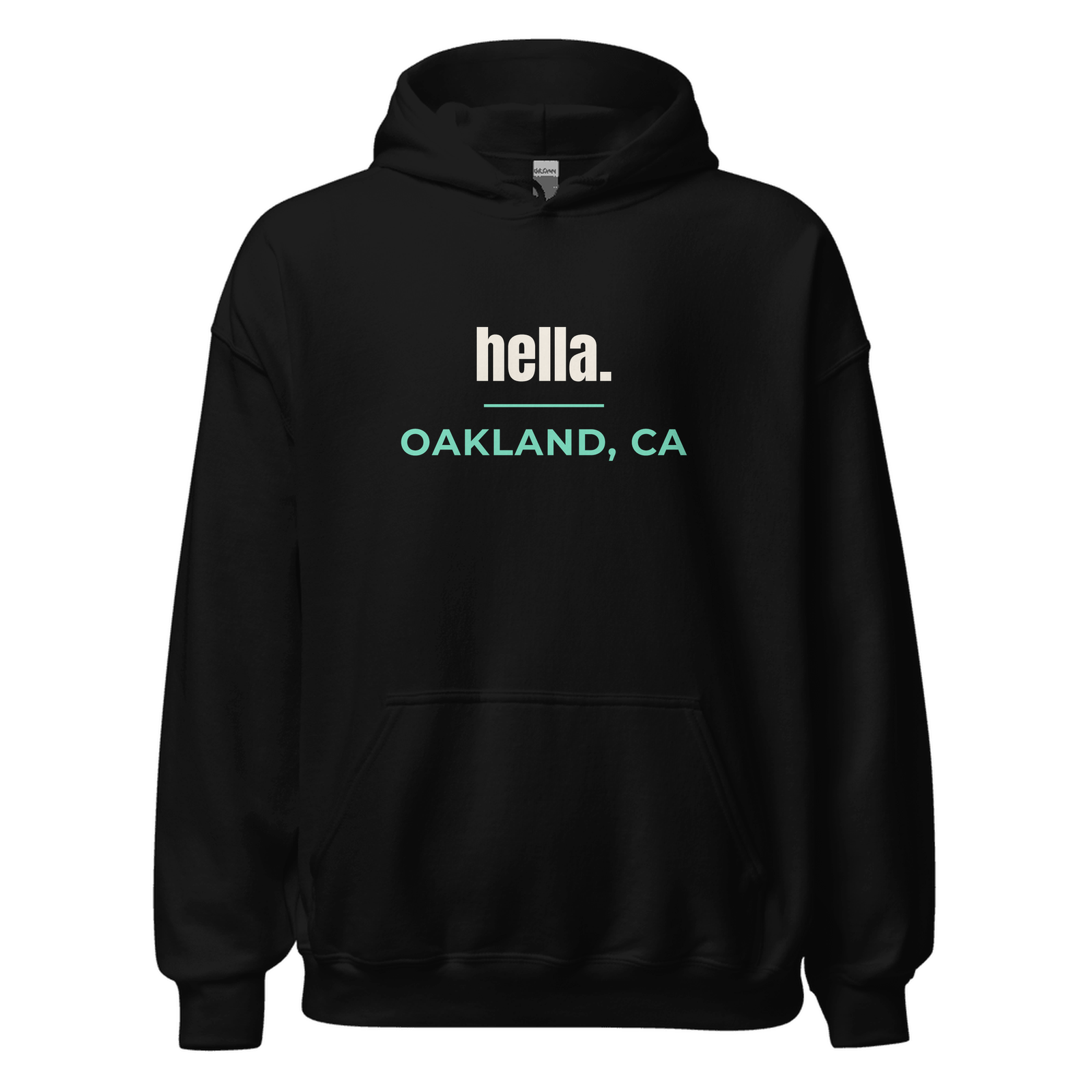 Black hoodie with Oakland, California design: hella.