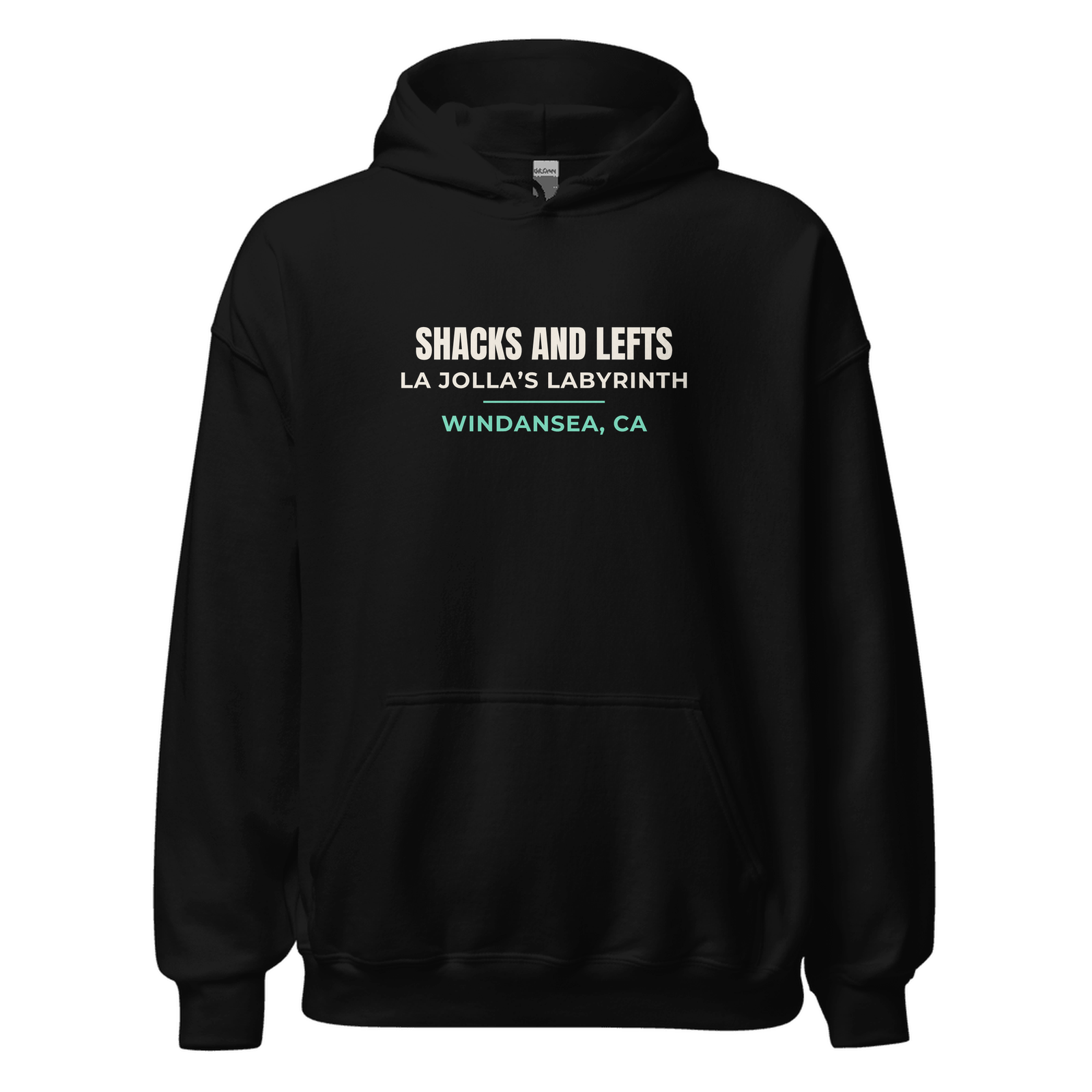 Black hoodie with Windansea, La Jolla, California design: Shacks and Lefts — La Jolla's Labyrinth