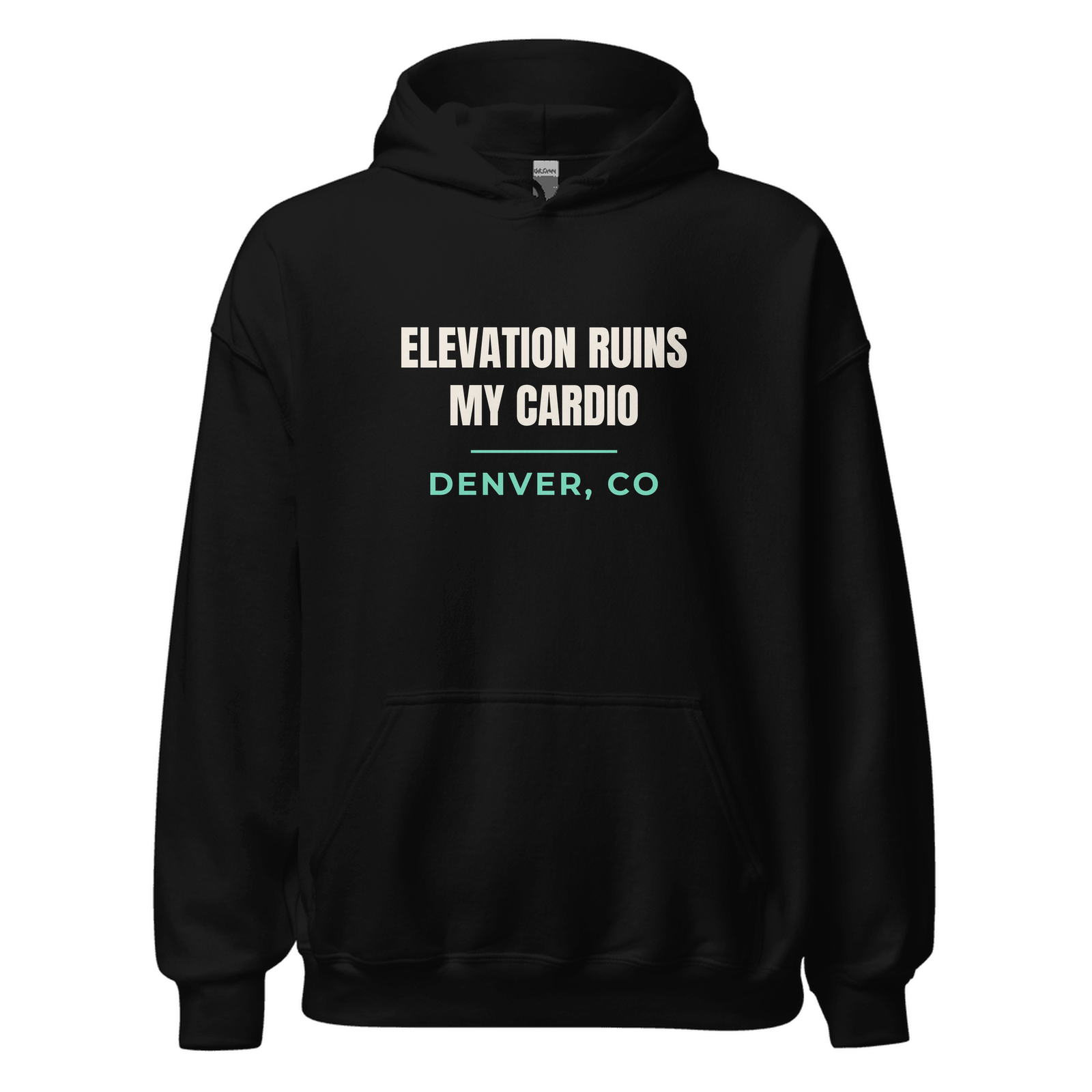 Black hoodie with Denver, Colorado design: Elevation Ruins My Cardio