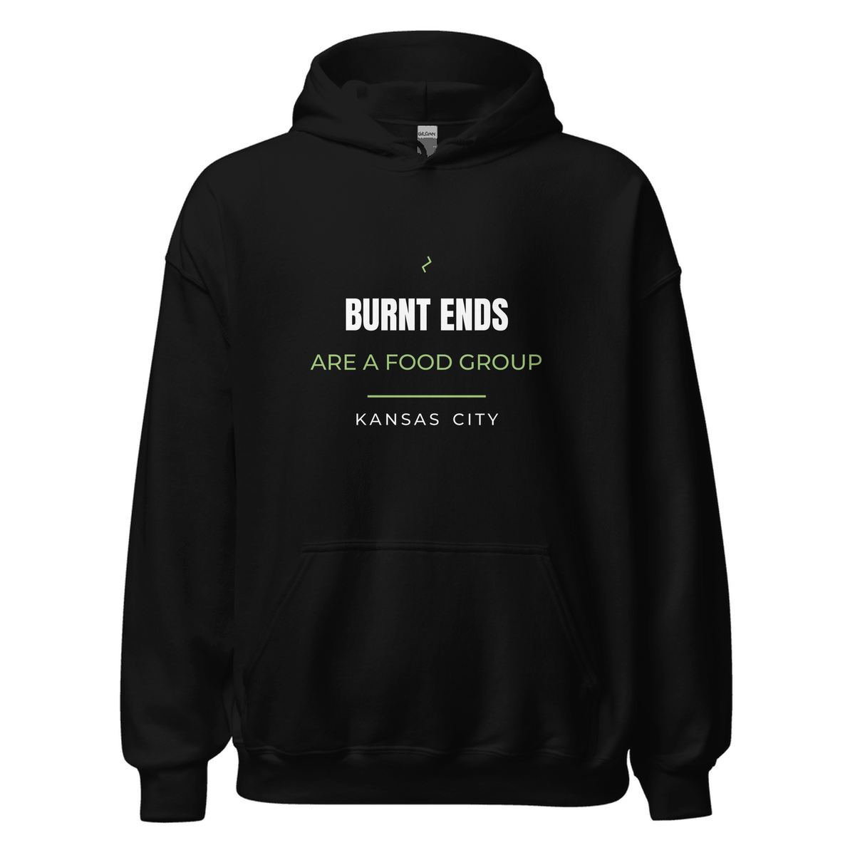 Black hoodie with Kansas City, Missouri design: Burnt Ends Are a Food Group.