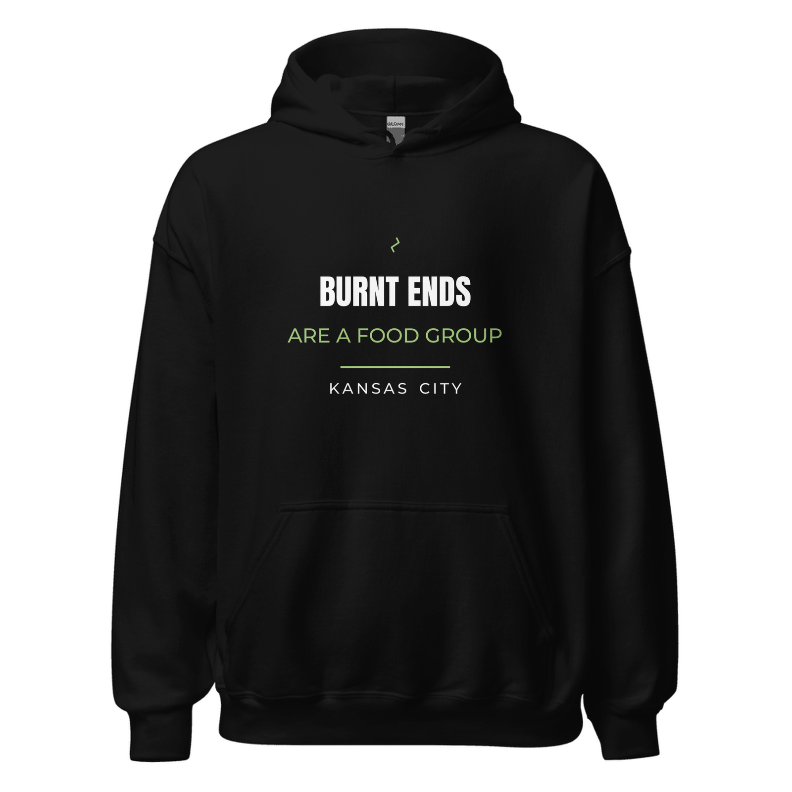 Black hoodie with Kansas City, Missouri design: Burnt Ends Are a Food Group.