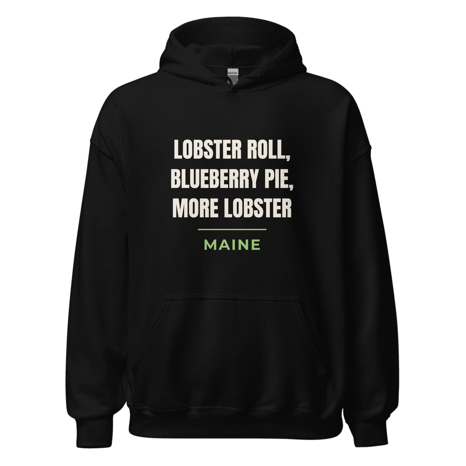 Black hoodie with Maine design: Lobster Roll, Blueberry Pie, More Lobster