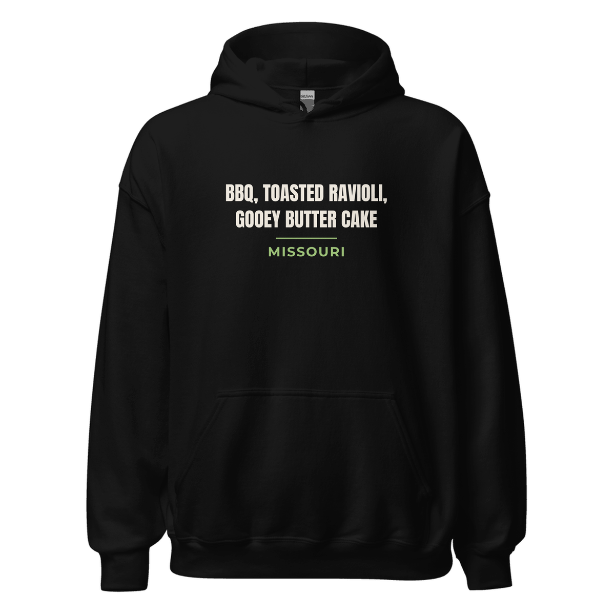 Black hoodie with Missouri design: BBQ, Toasted Ravioli, Gooey Butter Cake