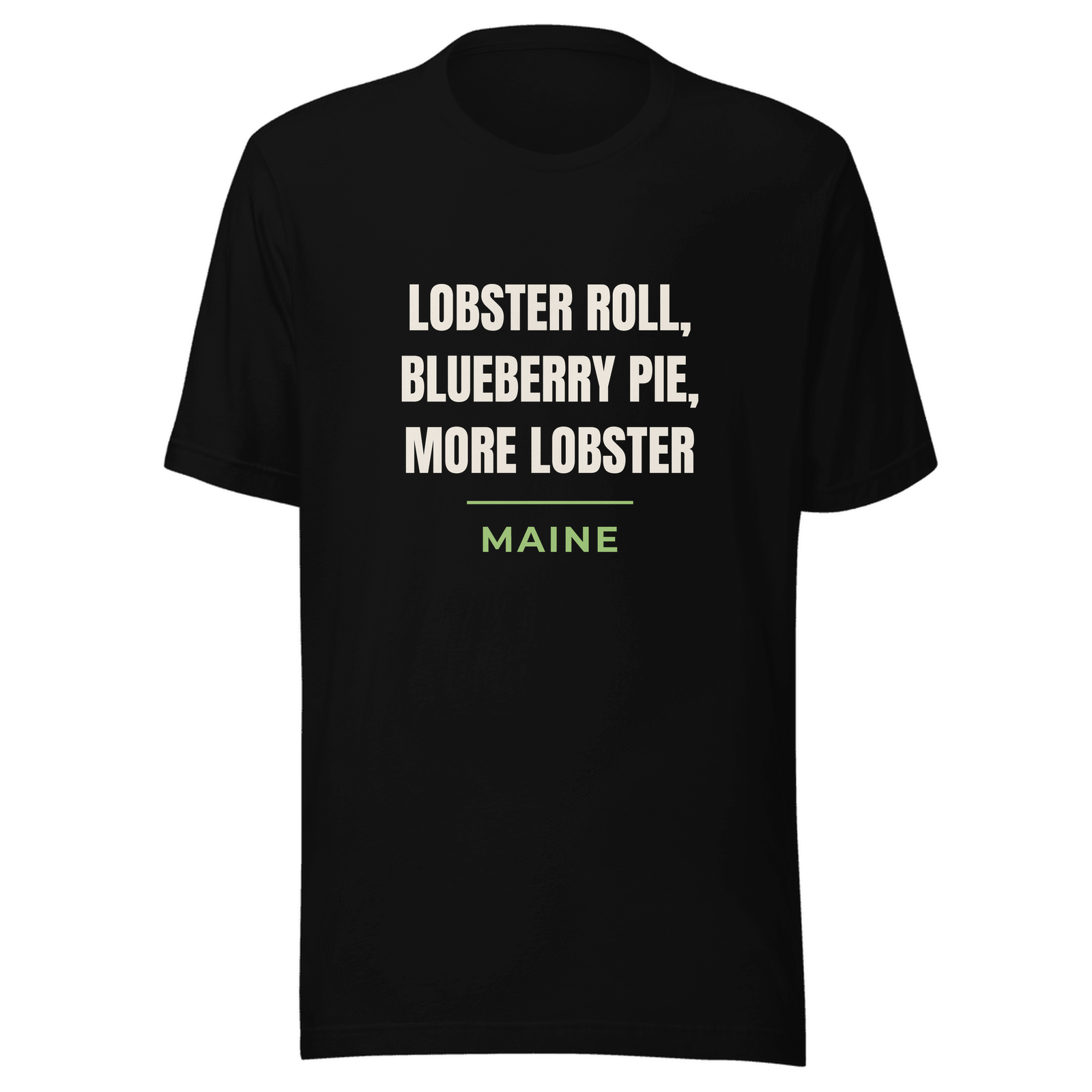 Black hoodie with Maine design: Lobster Roll, Blueberry Pie, More Lobster