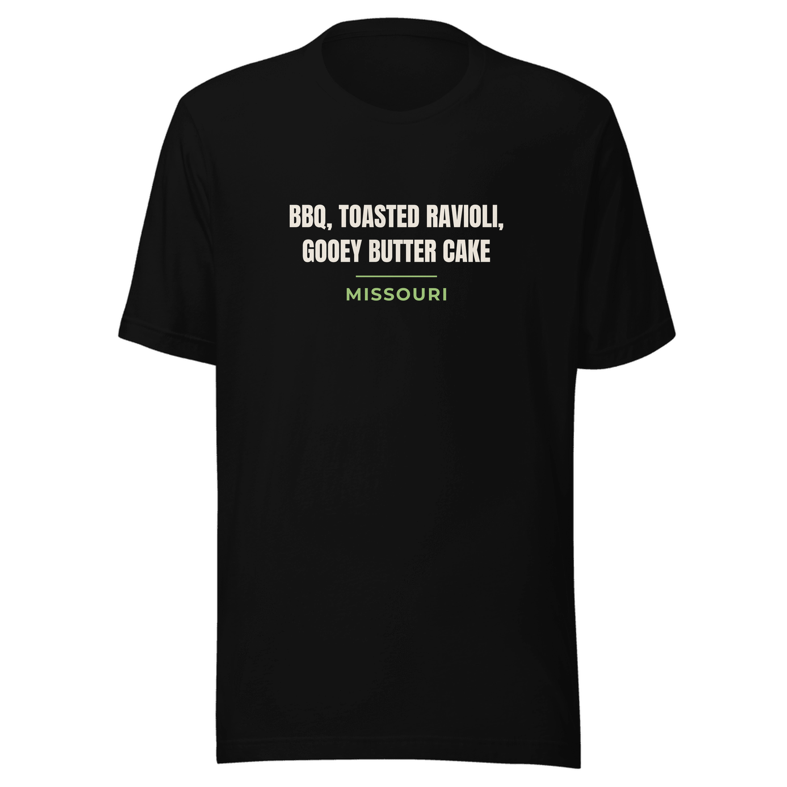 Black hoodie with Missouri design: BBQ, Toasted Ravioli, Gooey Butter Cake