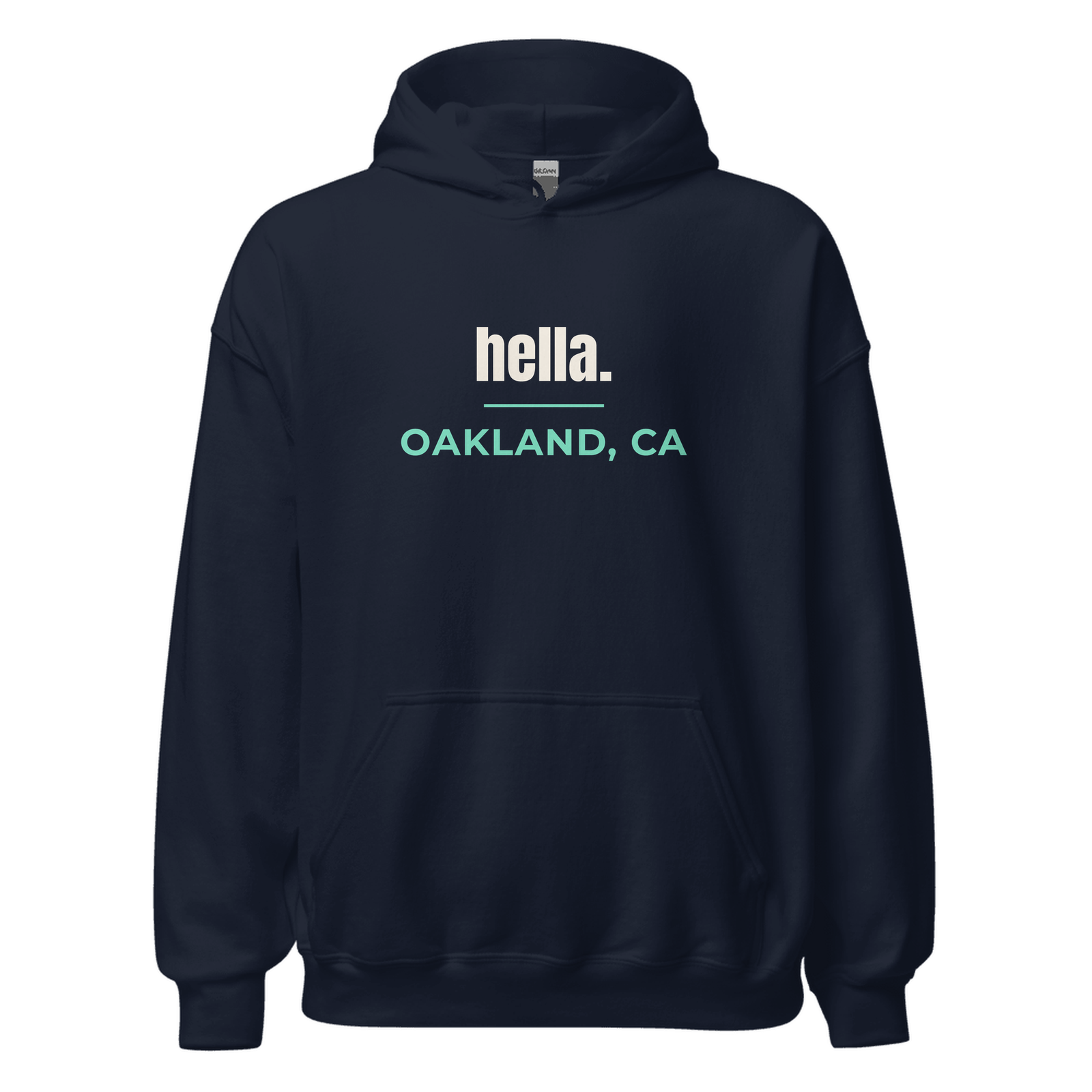 Navy hoodie with Oakland, California design: hella.