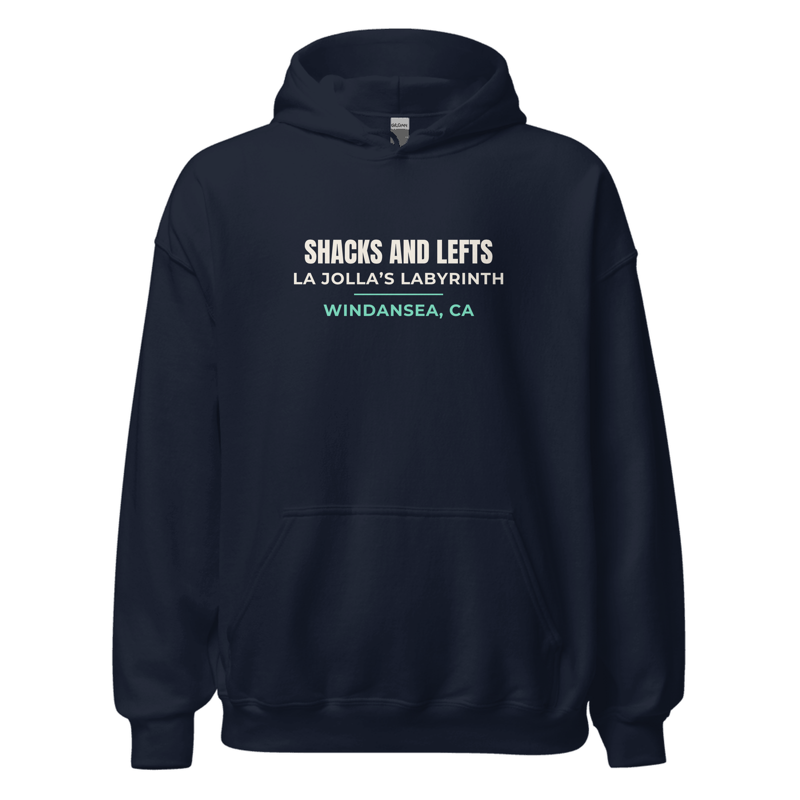Navy hoodie with Windansea, La Jolla, California design: Shacks and Lefts — La Jolla's Labyrinth