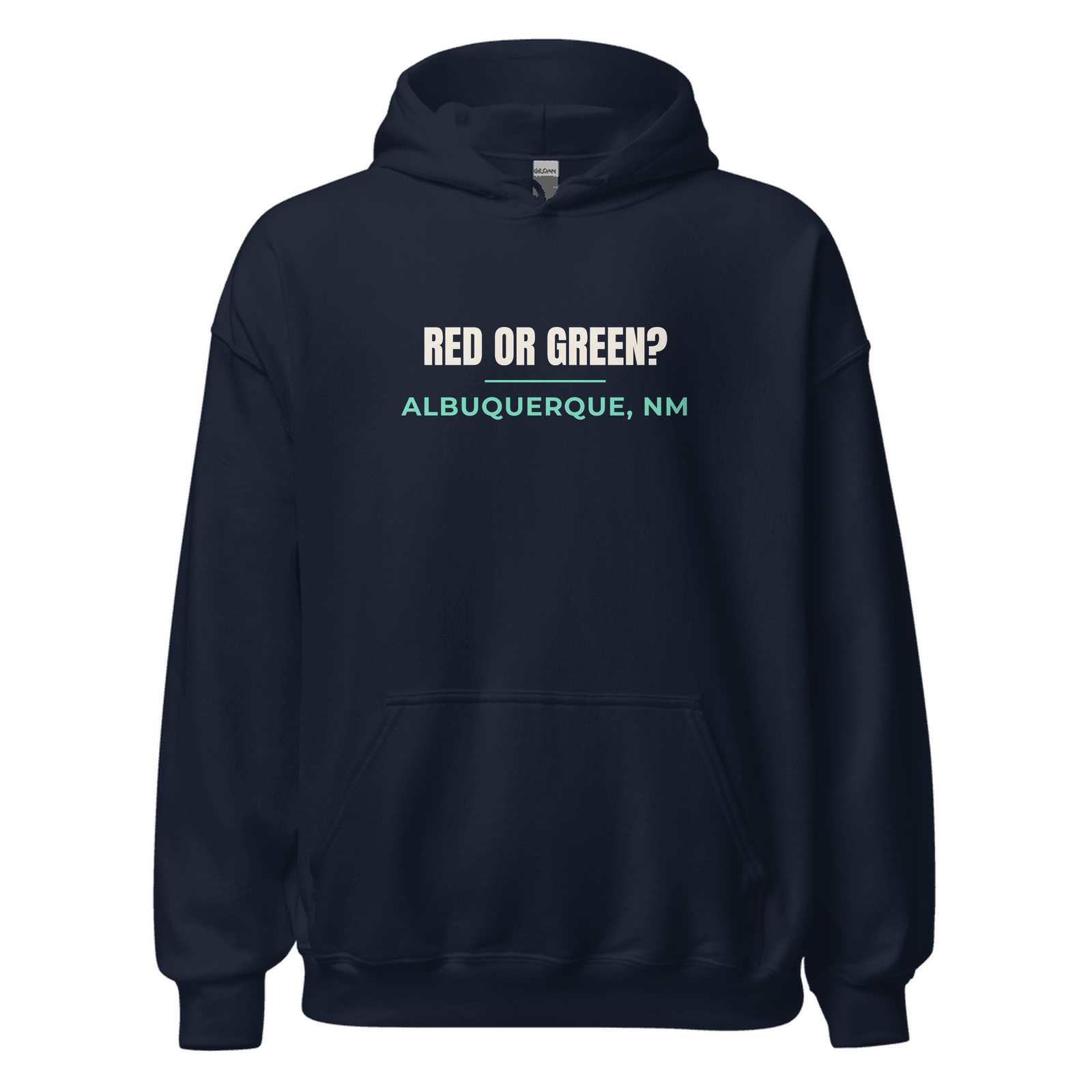 Navy hoodie with Albuquerque, New Mexico design: Red or Green?