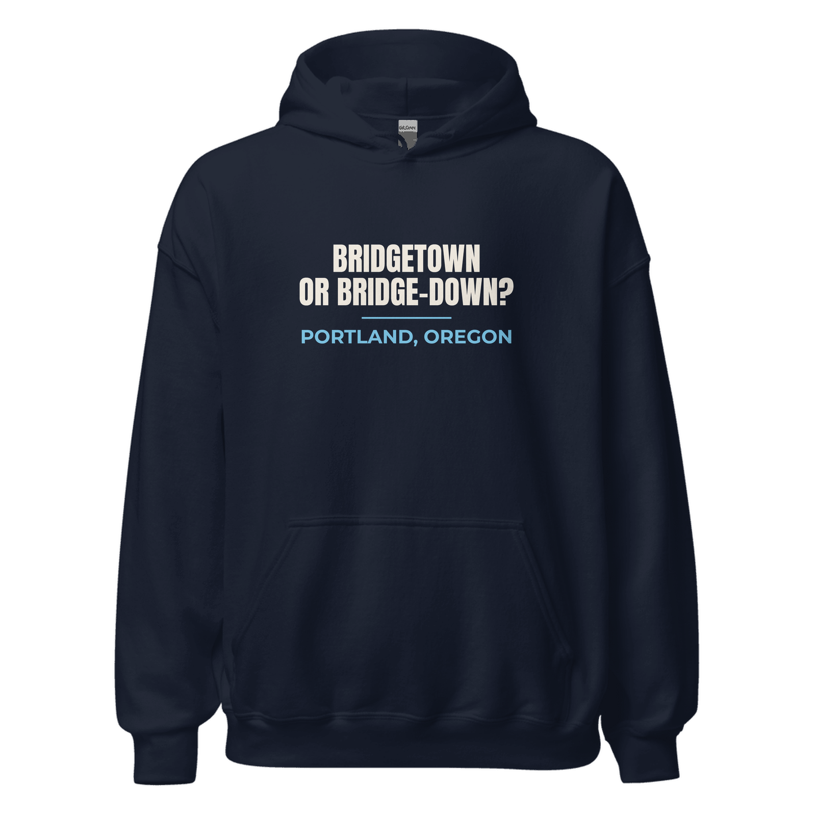 Navy hoodie with Portland, Oregon design: Bridgetown or Bridge-Down?