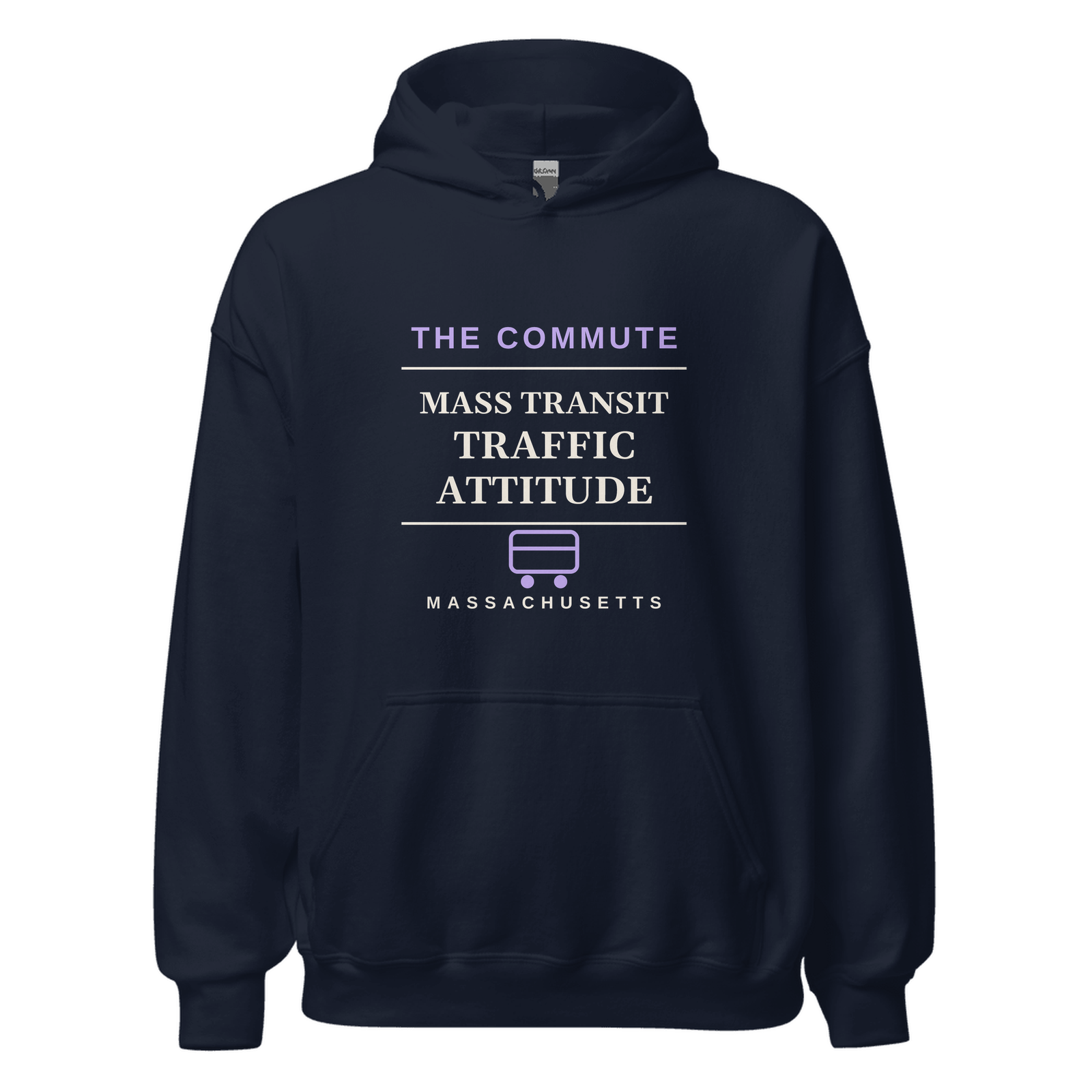 Navy hoodie with Massachusetts design: Mass Transit, Traffic, Attitude