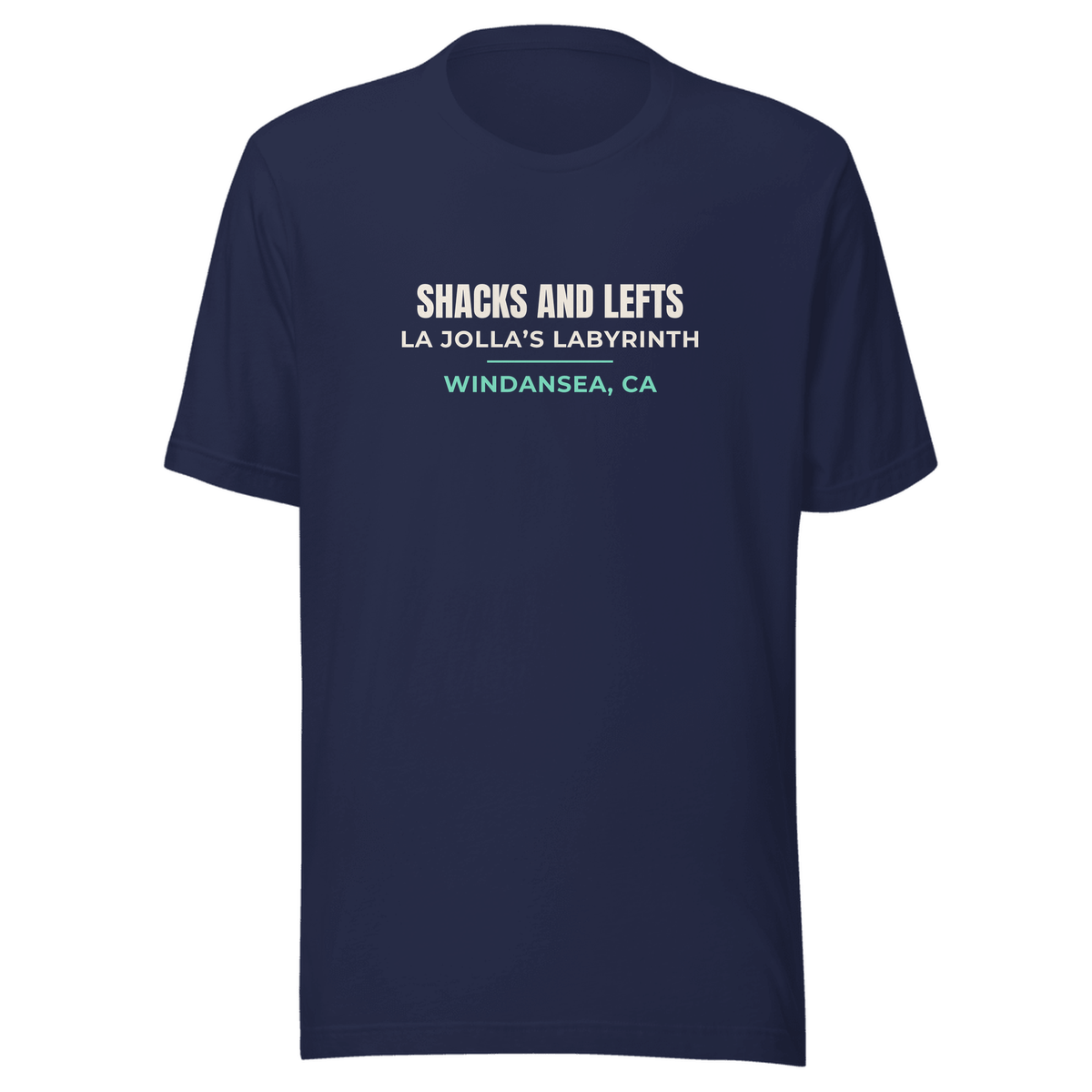 Navy tee with Windansea, La Jolla, California design: Shacks and Lefts — La Jolla's Labyrinth