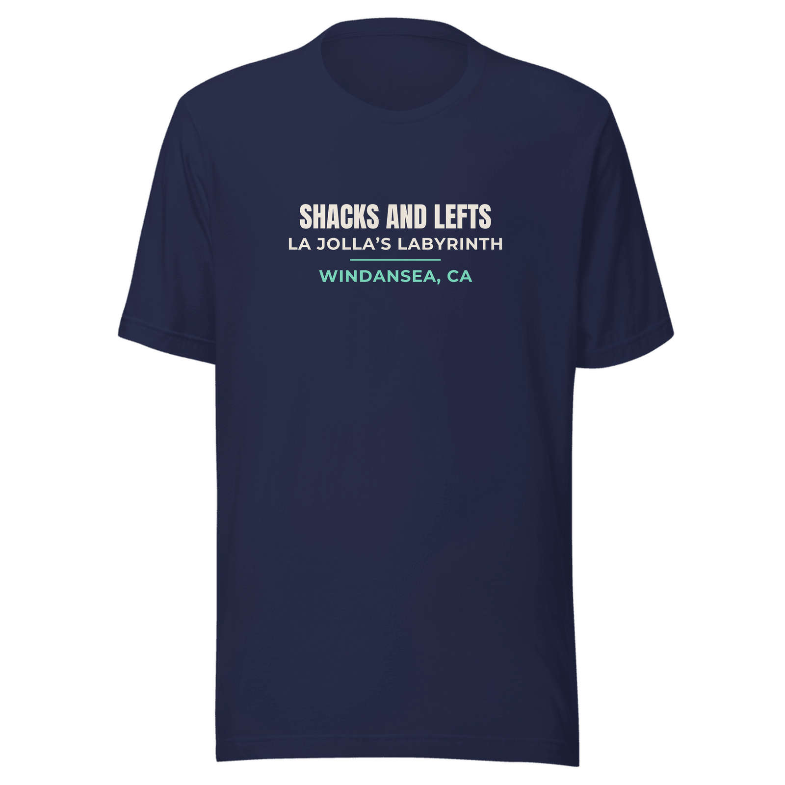Navy tee with Windansea, La Jolla, California design: Shacks and Lefts — La Jolla's Labyrinth