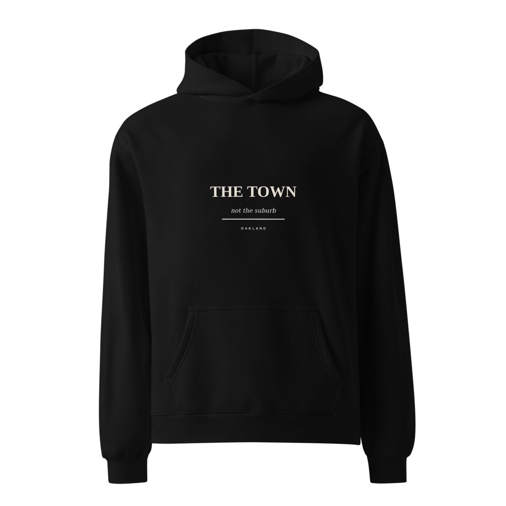 Oakland The Town black hoodie front in white studio | Kreativ