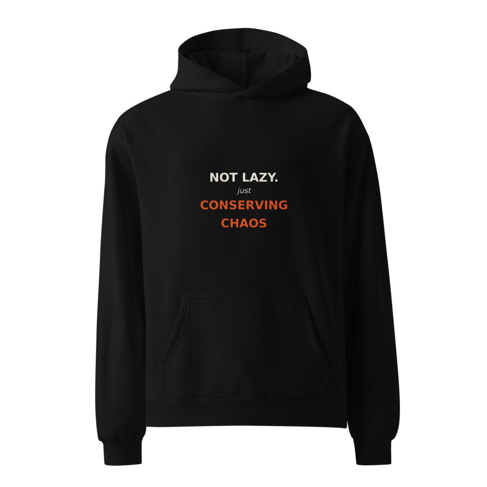 Not Lazy Conserving Chaos black hoodie front in white studio | Kreativ