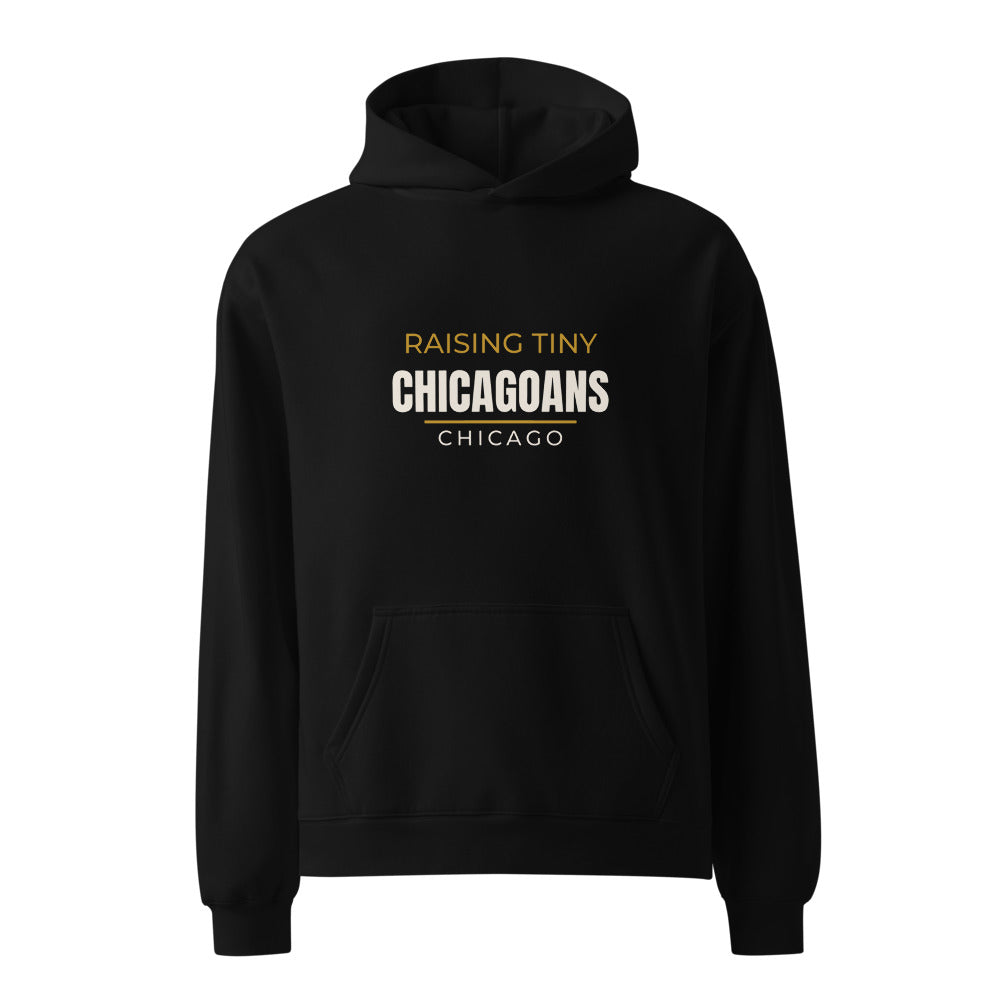 Black hoodie with Raising Tiny Chicagoans Chicago family print