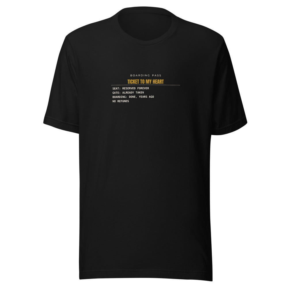 Black tee front with Ticket To My Heart print