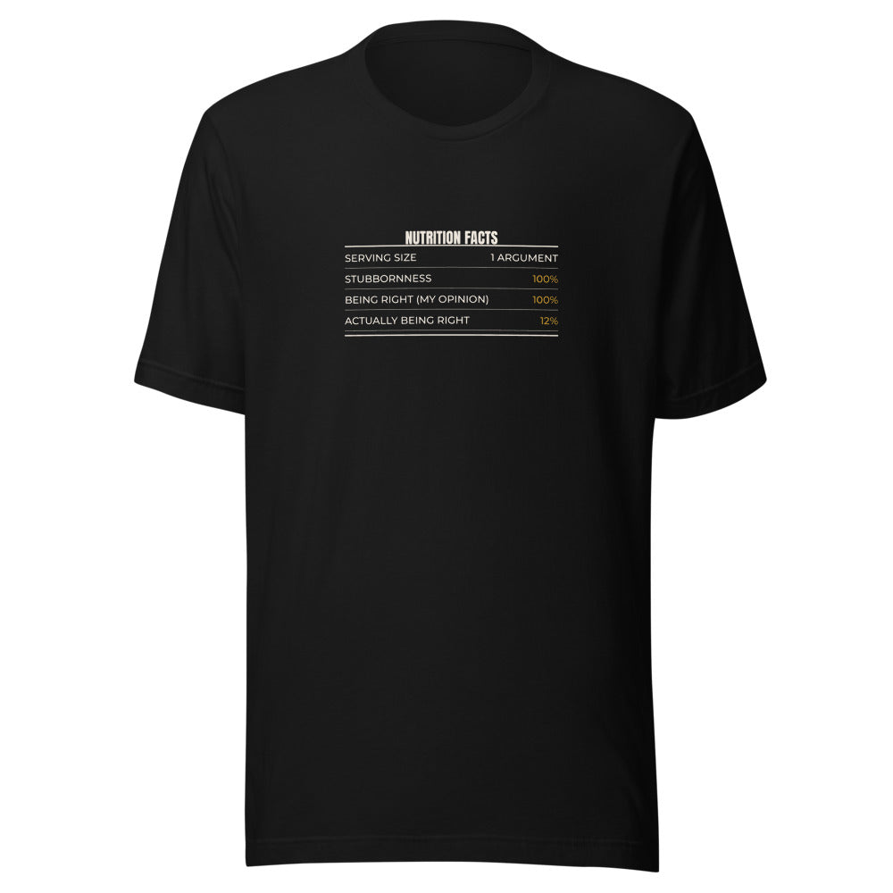Black tee front with Nutrition Facts One Argument print