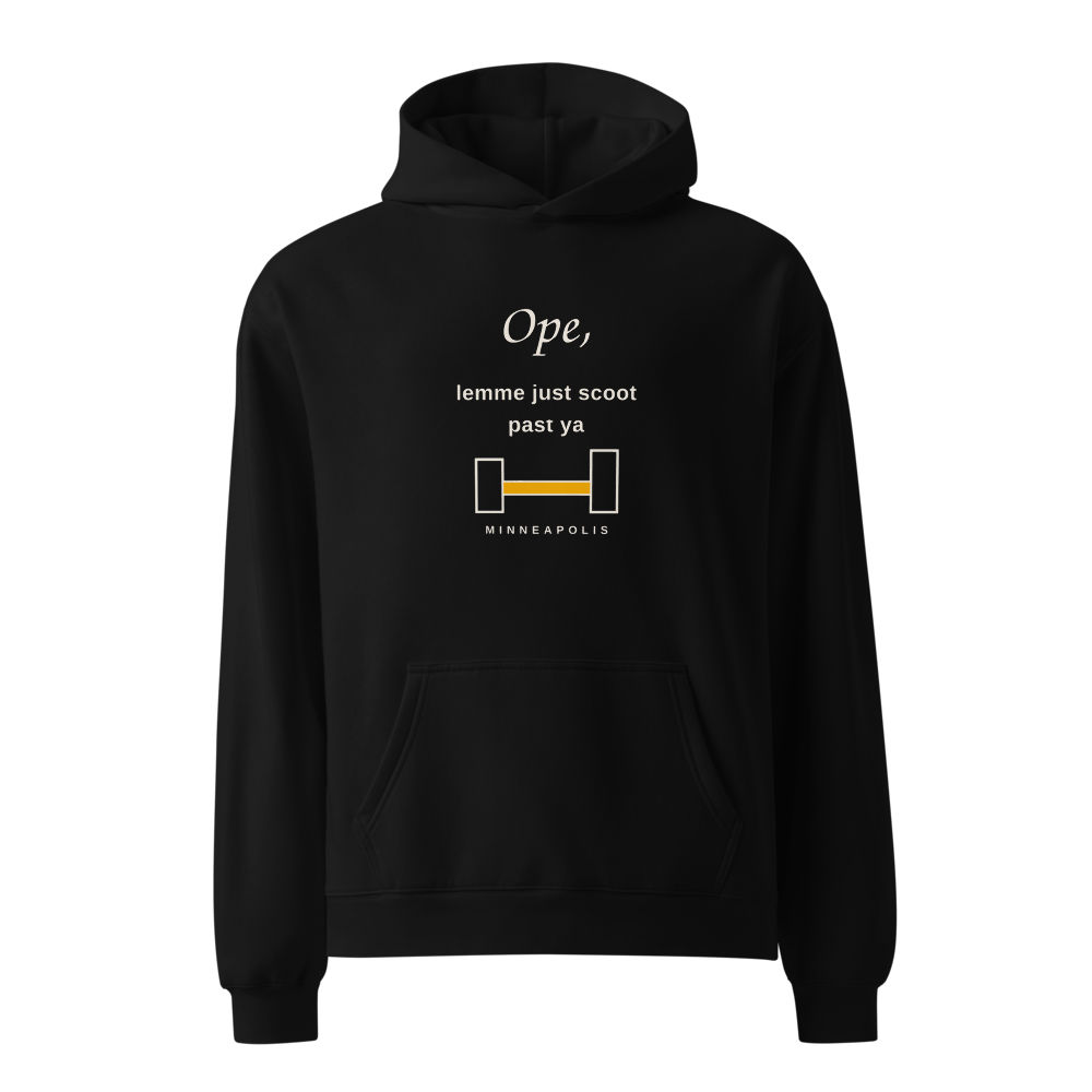 Minneapolis Ope Lemme Just Scoot Past Ya black hoodie front in white studio | Kreativ