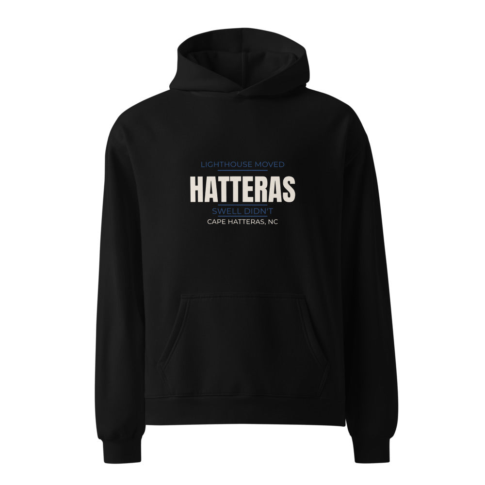 Black hoodie with Lighthouse Moved Swell Didn't Hatteras print