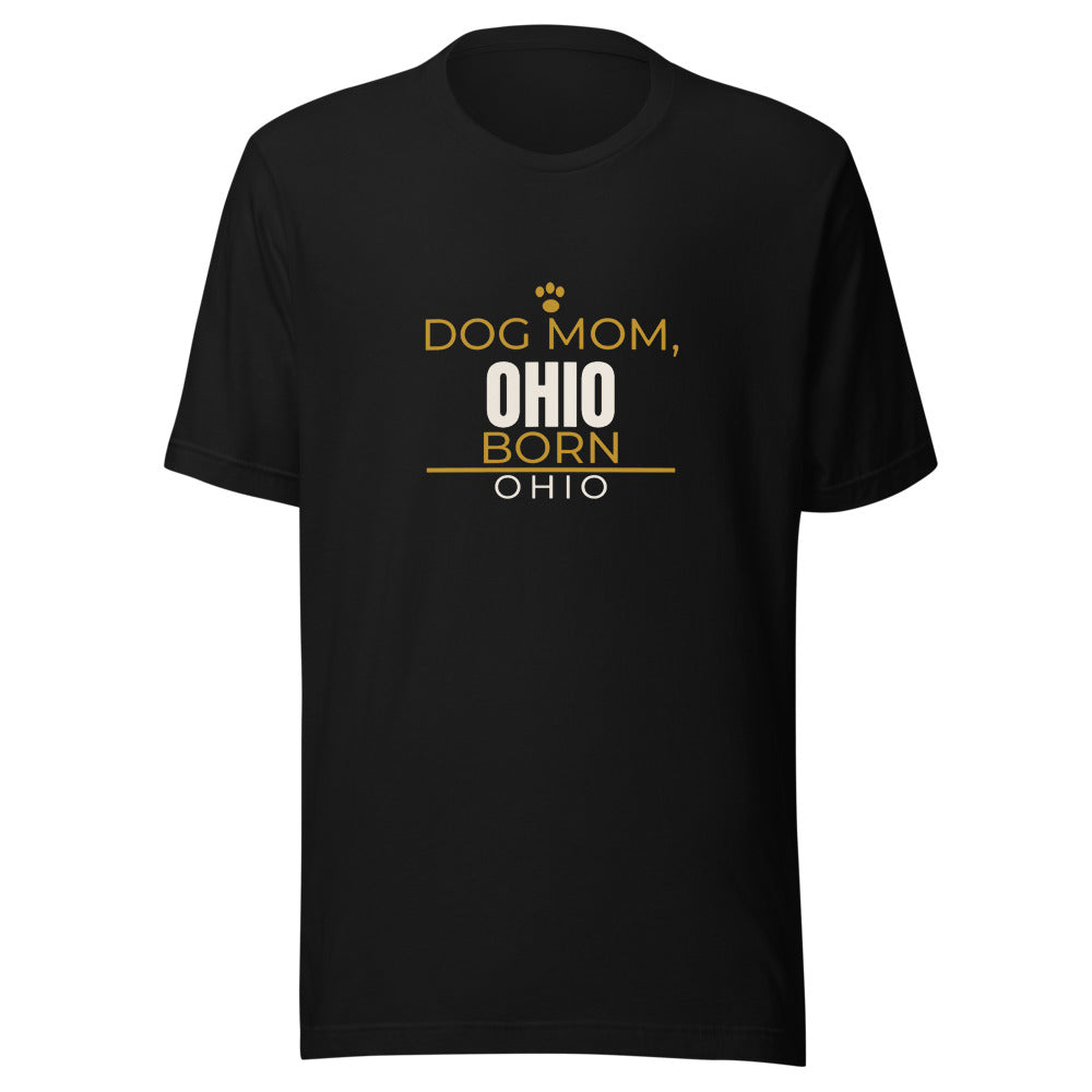 Black tee front with Dog Mom, Ohio Born print