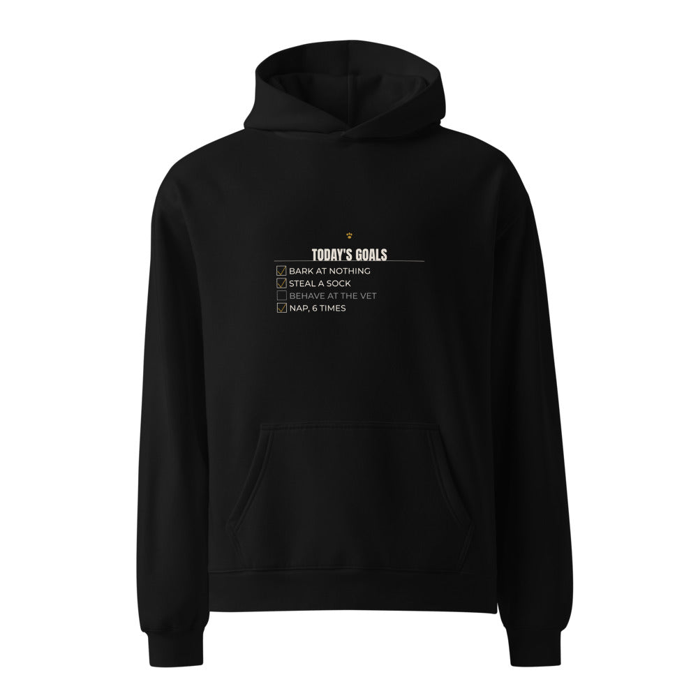 Black hoodie with Today's Goals Bark Steal Sock pet humor print