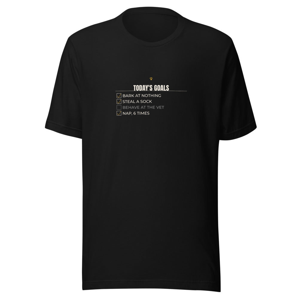 Black tee front with Today's Goals Bark Steal Sock print