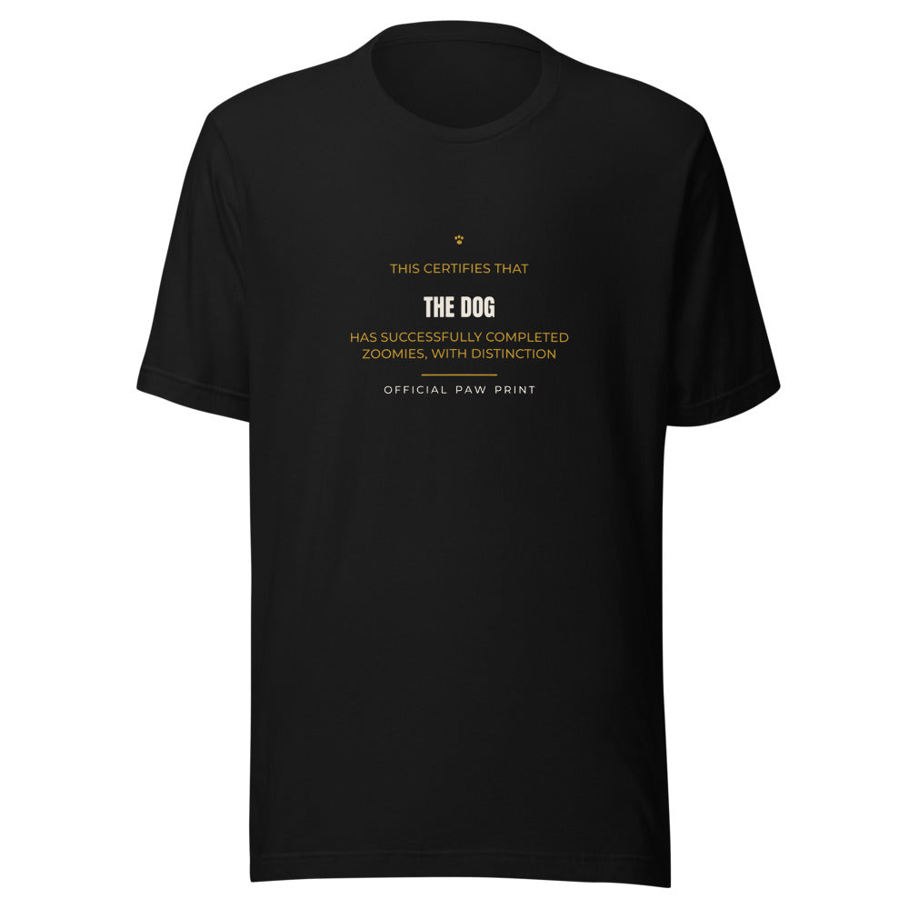 Black tee front with The Dog Zoomies With Distinction print