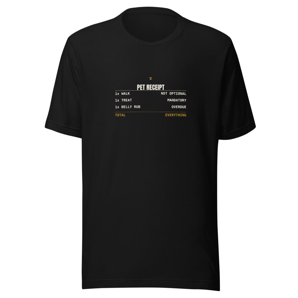 Black tee front with Pet Receipt print