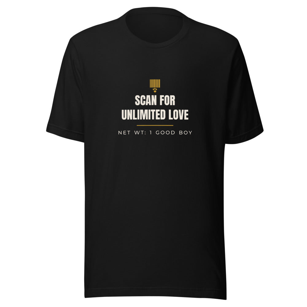 Black tee front with Scan For Unlimited Love print