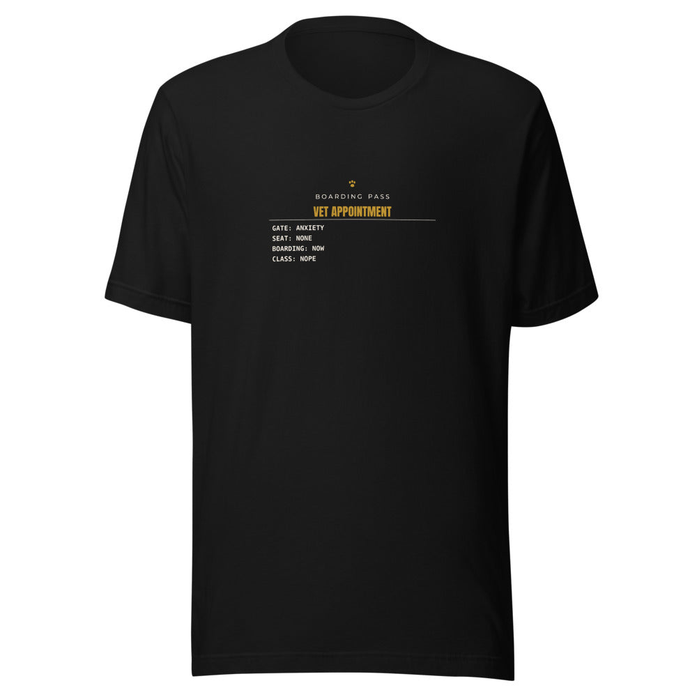 Black tee front with Vet Appointment Boarding Pass print