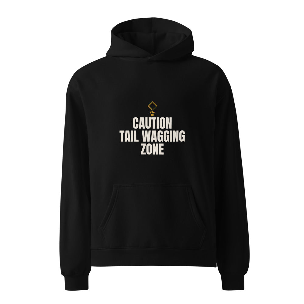 Black hoodie with Caution Tail Wagging Zone pet humor print
