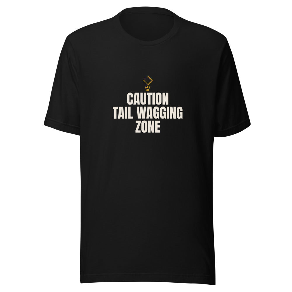 Black tee front with Caution Tail Wagging Zone print