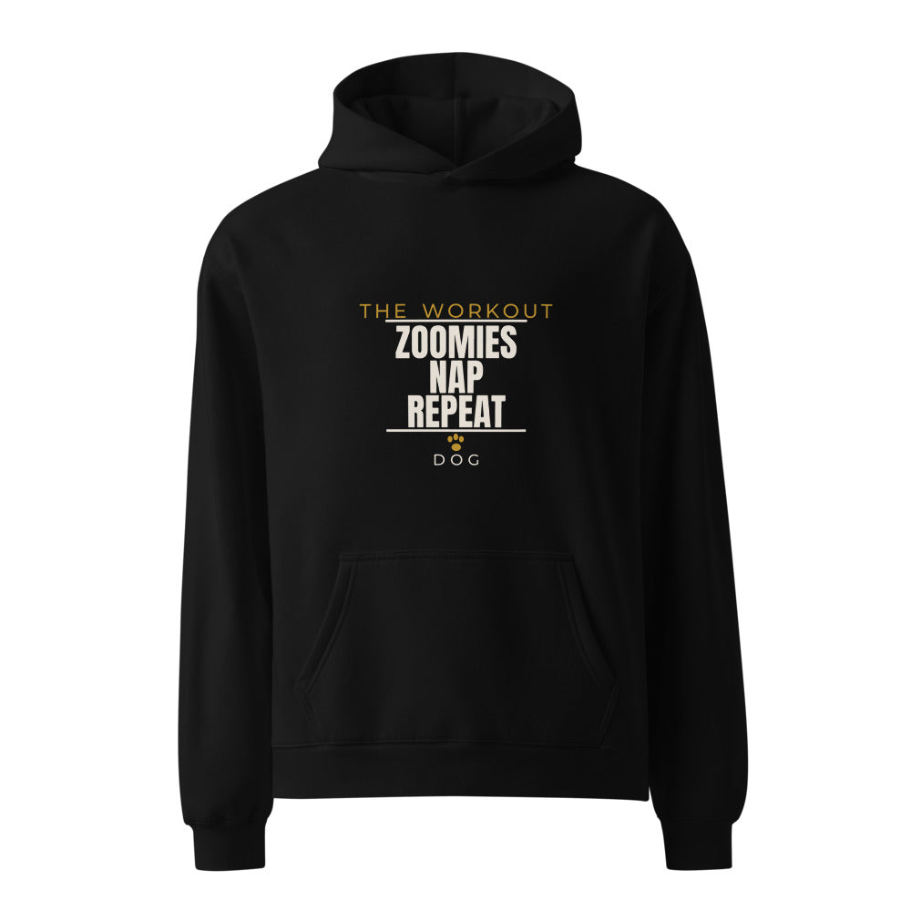 Black hoodie with The Workout Zoomies Nap Repeat pet humor print