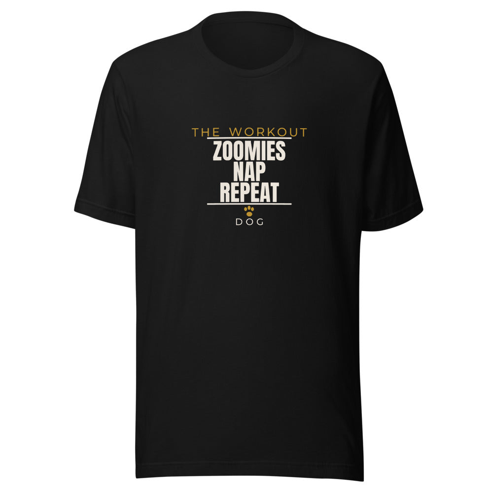 Black tee front with The Workout Zoomies Nap Repeat print