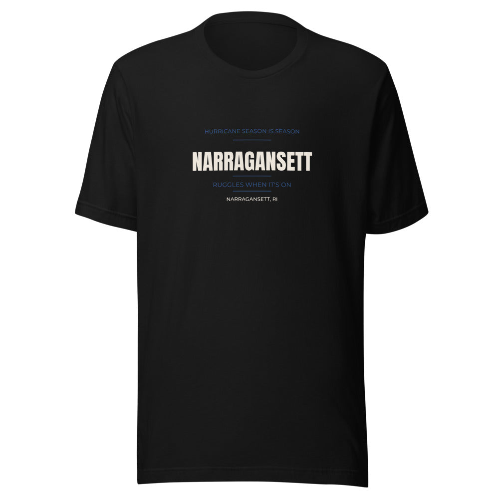 Black tee front with Hurricane Season Is Season — Ruggles When It's On print