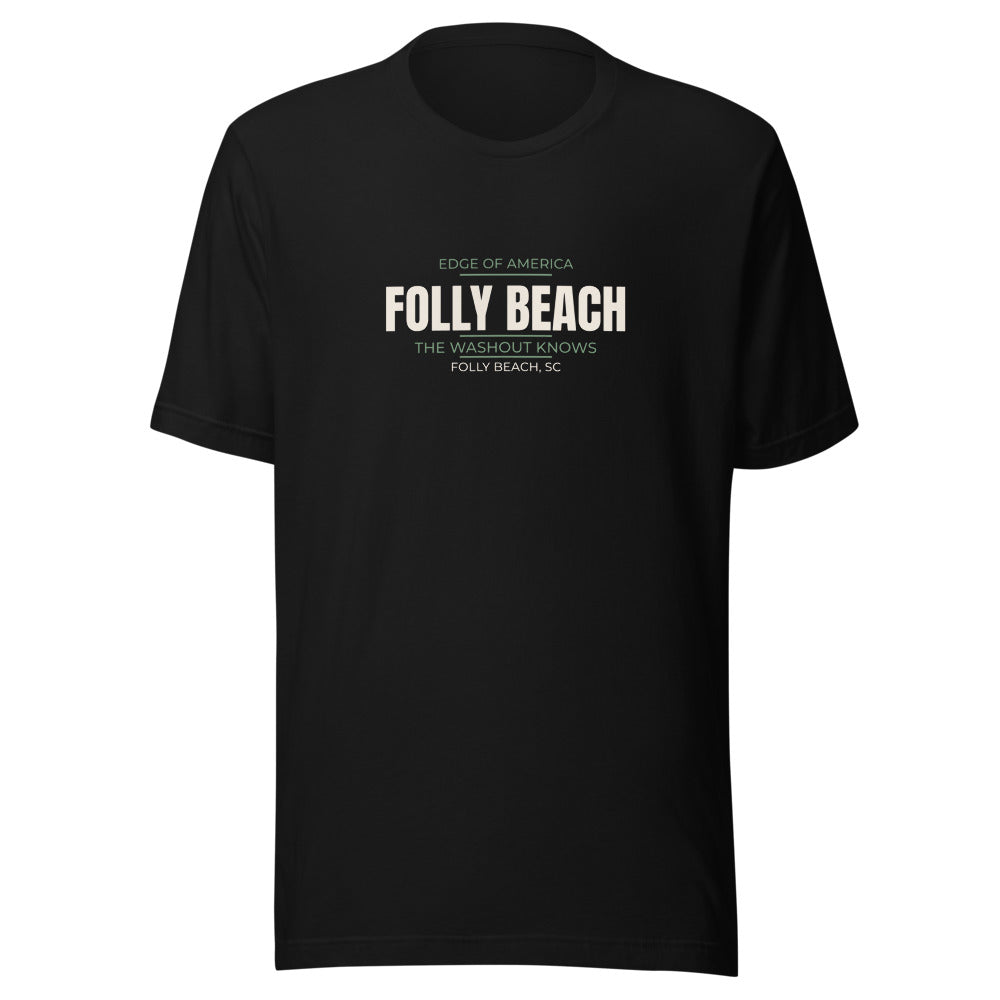 Black tee front with Edge of America — The Washout Knows print