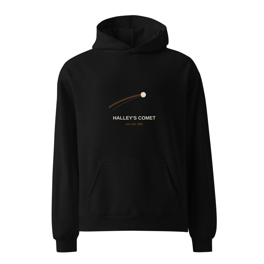 Halley's Comet black hoodie front in white studio | Kreativ