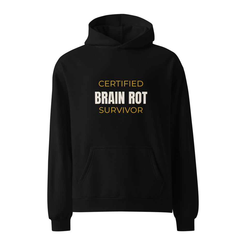 Black hoodie with Certified Brain Rot Survivor slang statement print