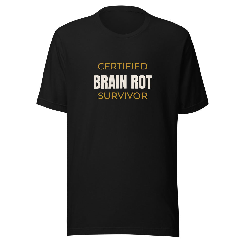 Black tee front with Certified Brain Rot Survivor print