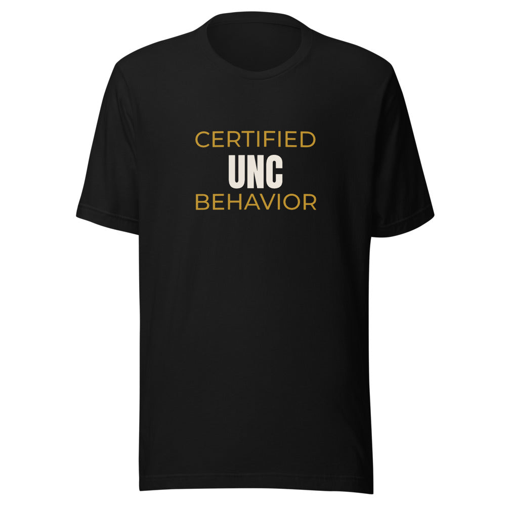 Black tee front with Certified Unc Behavior print