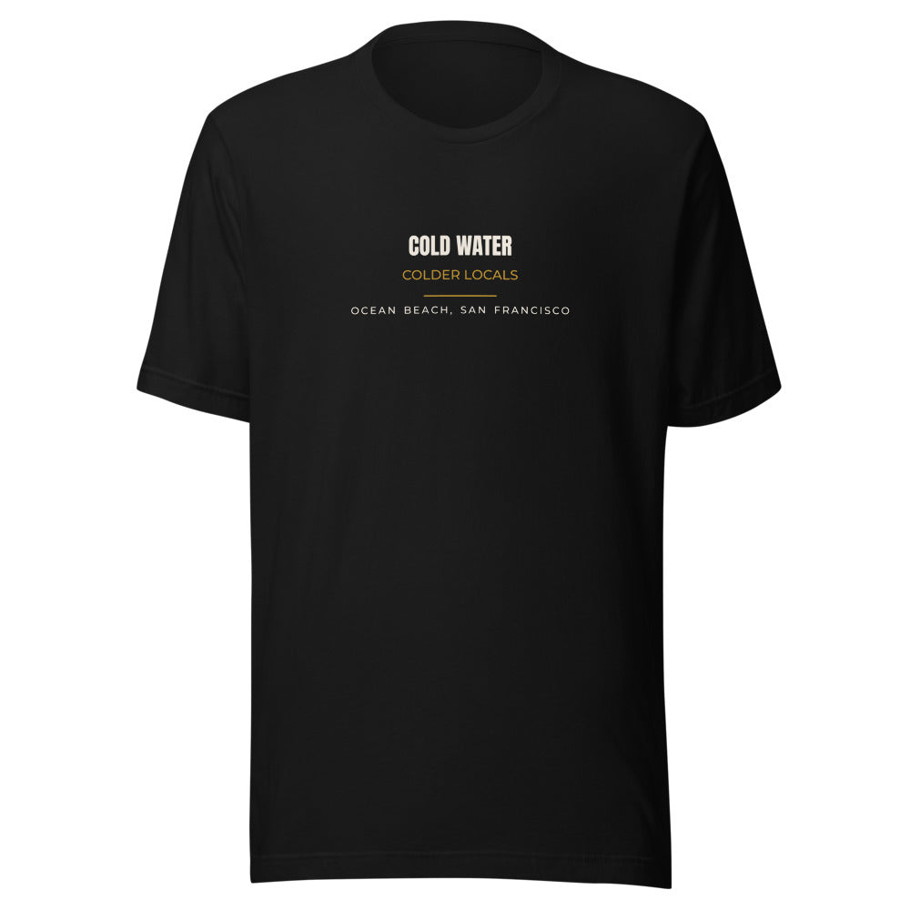 Black tee front with Cold Water Colder Locals print