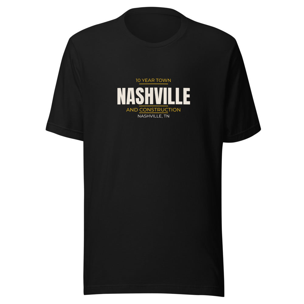 Black tee front with 10 Year Town And Construction print